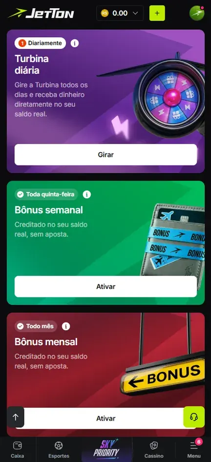 Tela de bônus da Jetton com cartões Turbina diária com botão Girar, Bônus semanal marcado Toda quinta-feira e Bônus mensal marcado Todo mês, ambos creditados no saldo real sem aposta