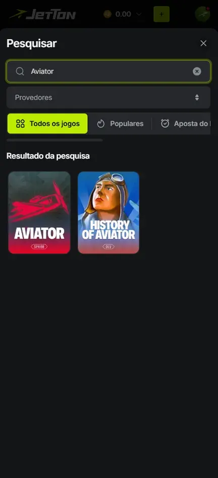 Pesquisar da Jetton com Aviator digitado e duas capas: Aviator da Spribe e History of Aviator