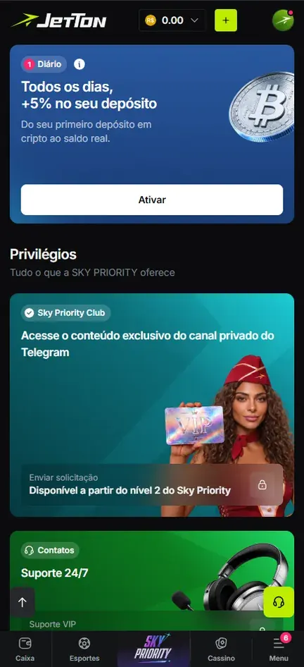 Tela de bônus da Jetton com cartão Todos os dias +5% no seu depósito em cripto e seção Privilégios com Sky Priority Club, canal privado do Telegram disponível a partir do nível 2, e Suporte 24/7