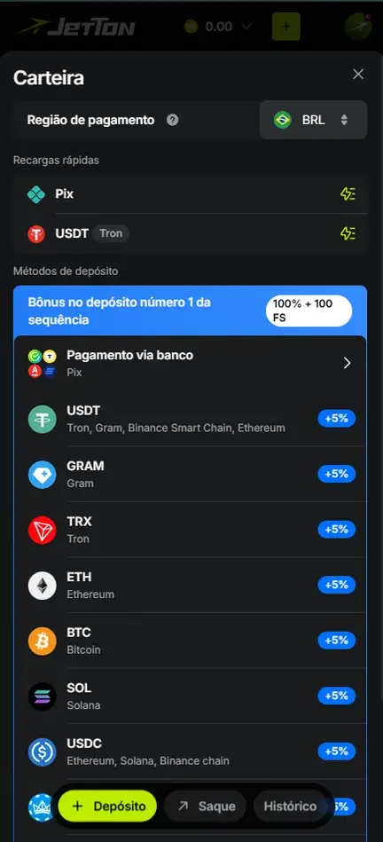 Lista de métodos de depósito da Jetton com Pagamento via banco Pix e moedas USDT, GRAM, TRX, ETH, BTC, SOL e USDC, cada uma com selo +5% e suas redes; a última linha fica coberta pelos botões Depósito, Saque e Histórico