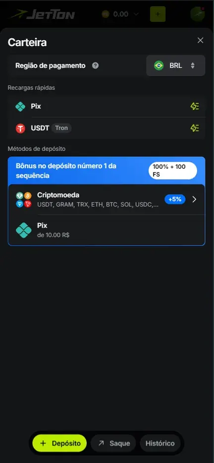 Carteira da Jetton na aba Depósito com região de pagamento BRL, recargas rápidas Pix e USDT Tron, faixa Bônus no depósito número 1 da sequência com 100% + 100 FS, Criptomoeda com +5% e Pix de 10.00 R$