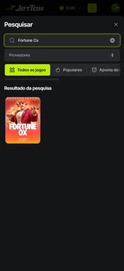 Pesquisar da Jetton com Fortune Ox digitado e uma única capa da PG Soft