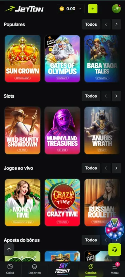 Aba Cassino da Jetton no celular com as faixas Populares, Slots, Jogos ao vivo e Aposta do bônus