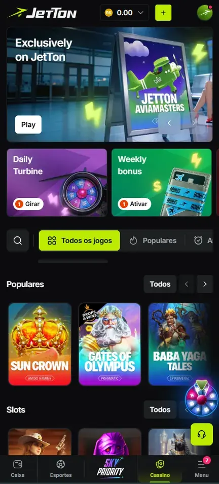 Lobby da Jetton no celular com saldo em R$ no topo, banner Exclusively on JetTon com botão Play, cards Daily Turbine e Weekly bonus, linha Populares com Sun Crown, Gates of Olympus e Baba Yaga Tales e barra inferior com Caixa, Esportes, Sky Priority, Cassino e Menu