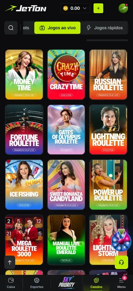Grade Jogos ao vivo da Jetton com roletas, game shows e Ice Fishing, cada capa com o selo do estúdio