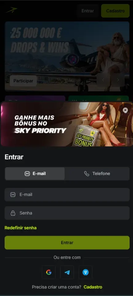 Tela Entrar da Jetton com abas E-mail e Telefone, link Redefinir senha e opções Google, Telegram e TON