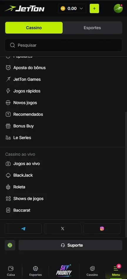 Menu da Jetton rolado até o bloco Cassino ao vivo com Jogos ao vivo, BlackJack, Roleta, Shows de jogos e Baccarat