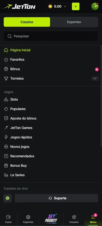 Menu da Jetton com chave Cassino e Esportes, campo Pesquisar e lista de categorias de jogos