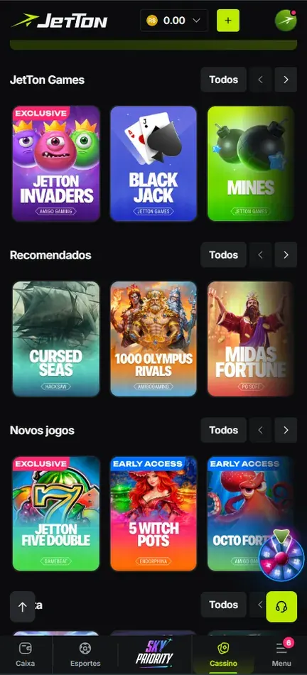 Faixas JetTon Games, Recomendados e Novos jogos no lobby da Jetton, com selos Exclusive e Early Access