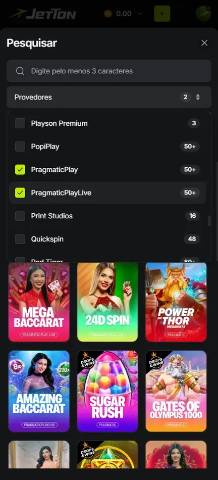 Filtro Provedores da Jetton com PragmaticPlay e PragmaticPlayLive marcados e capas de jogos abaixo