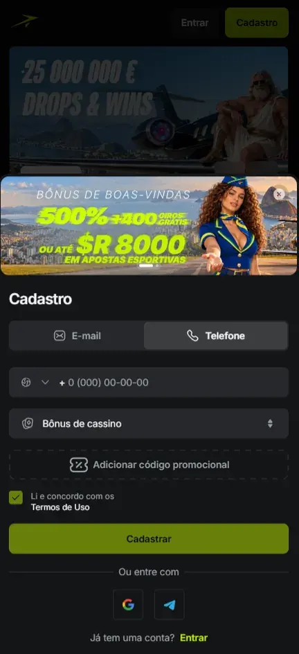 Cadastro da Jetton na aba Telefone com campo de número e país, seletor Bônus de cassino e Adicionar código promocional, abaixo do banner Bônus de boas-vindas 500% + 400 giros grátis ou até R$ 8000 em apostas esportivas