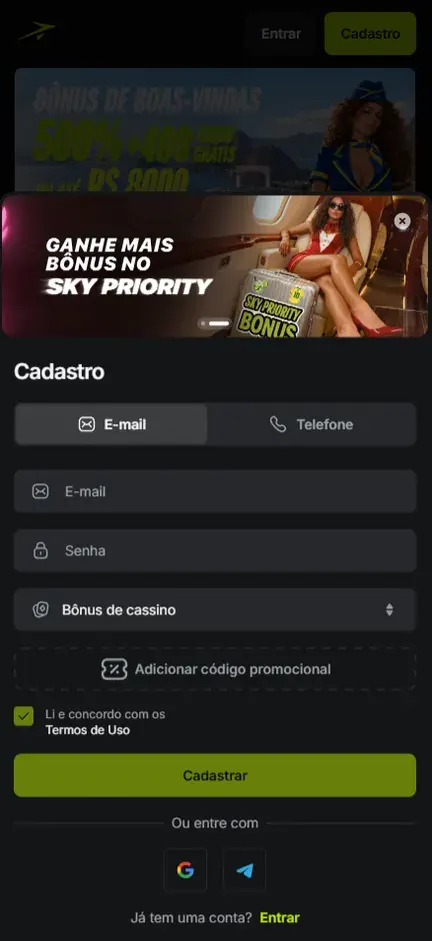 Tela Cadastro da Jetton na aba E-mail com campos E-mail e Senha, seletor Bônus de cassino, botão pontilhado Adicionar código promocional, Termos de Uso já marcado e atalhos Google e Telegram