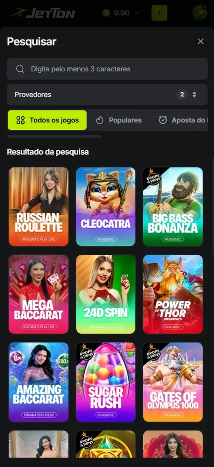 Resultado do Pesquisar da Jetton com dois provedores marcados: Big Bass Bonanza, Sugar Rush, Gates of Olympus 1000 e mesas ao vivo