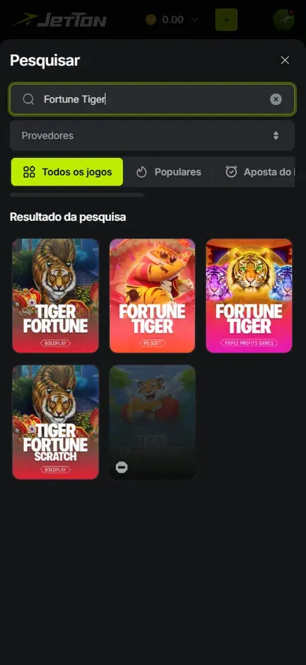Pesquisar da Jetton com Fortune Tiger digitado e cinco capas de tigre de estúdios diferentes