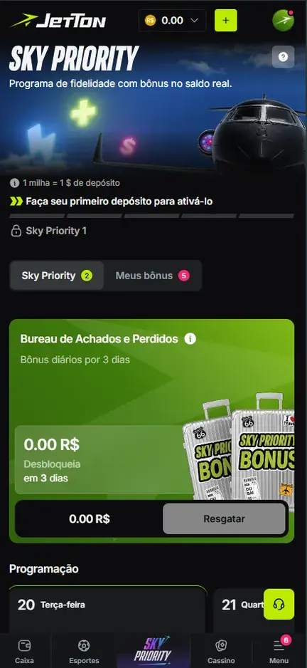 Página Sky Priority da Jetton com o texto Programa de fidelidade com bônus no saldo real, aviso 1 milha = 1 $ de depósito, Faça seu primeiro depósito para ativá-lo, nível Sky Priority 1 trancado e abas Sky Priority e Meus bônus