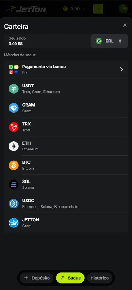 Carteira da Jetton na aba Saque com saldo em BRL e métodos de saque: Pagamento via banco (Pix), USDT, GRAM, TRX, ETH, BTC, SOL, USDC e JETTON